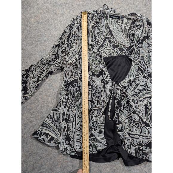 Notations 90s Flowy Ruffle 2X Tie Front Black Gray Patterned Floral Top w Tank - Picture 7 of 9